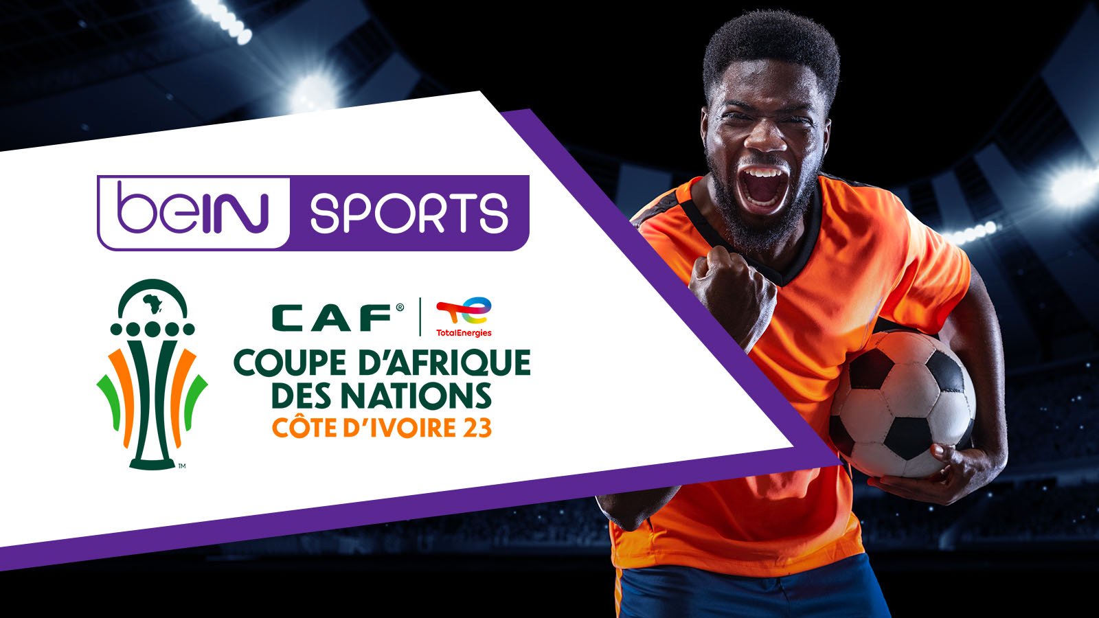 The beIN SPORTS logo with a Football player and the logo of the African Cup of Nations (CAF).  Photo to illustrate how to watch CAN 2024 in streaming.