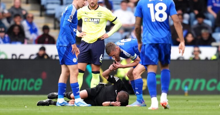 The referee collapses, Vardy whistles in his place!