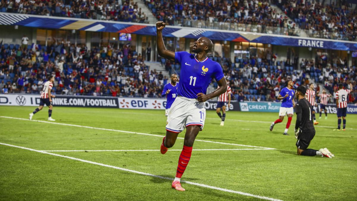 Jean-Philippe Mateta reacts after the Mondial des Bleus